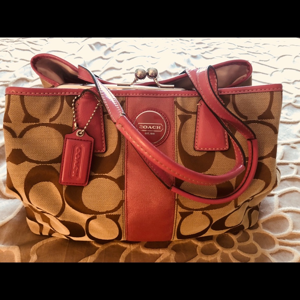 Pink and Tan Coach Signature Handbag